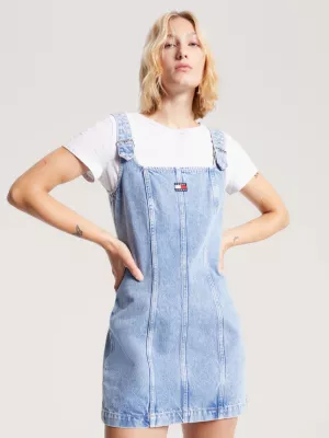 Vestido curto jeans com fivela e alças