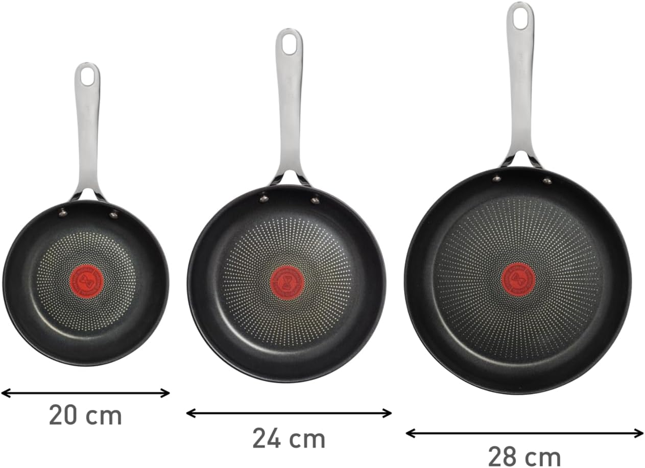 Tefal Jamie Oliver Cook's Direct On Pfannenset 20/24/28 cm, Thermo-Signal bei idealer Brattemperatur, Antihaft, Bratpfannen Induktion, rostfrei, backofenfest, genieteter Griff, E304S344