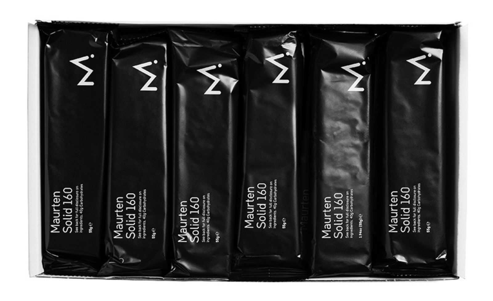 Barra energética sólida Maurten 160 mg, 12 unidades de 55 g cada, sabor chocolate.