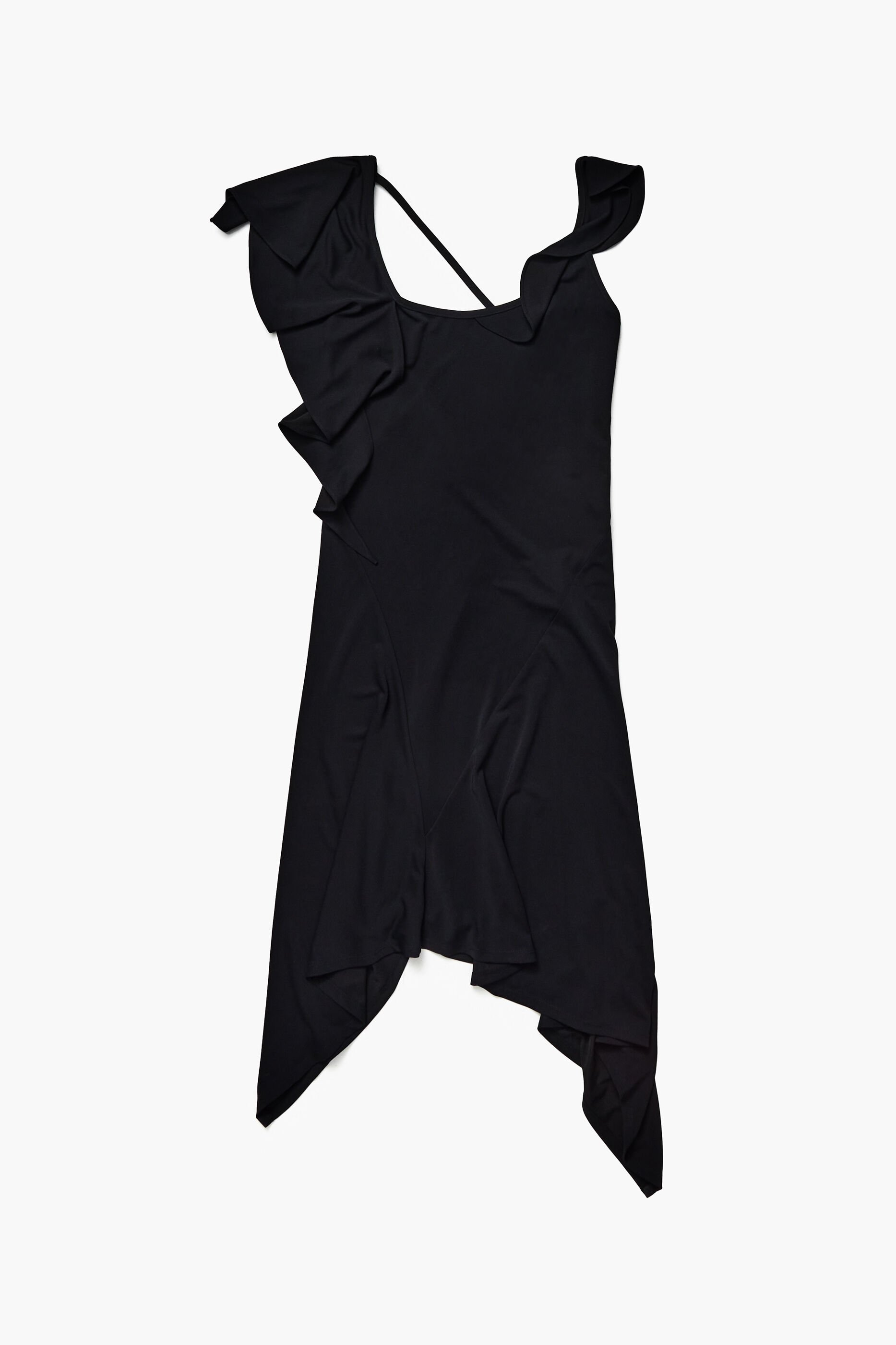 Vestido preto assimétrico e fluido