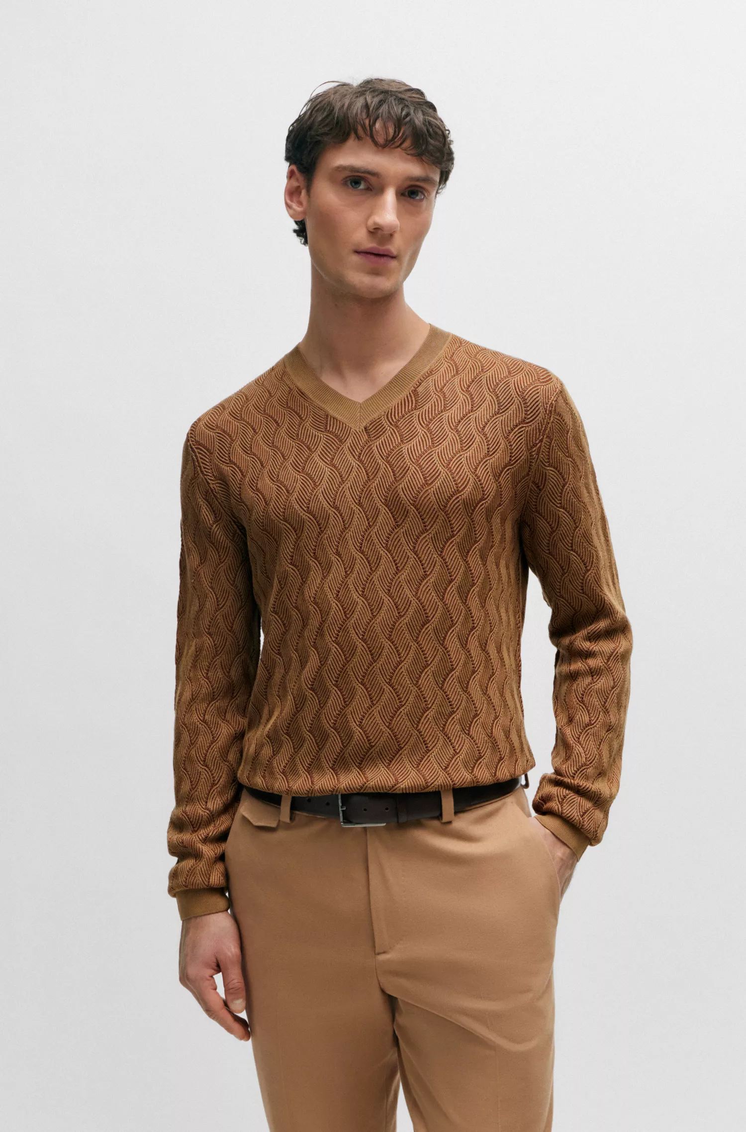 Suéter BOSS Camel-Aran em seda bicolor