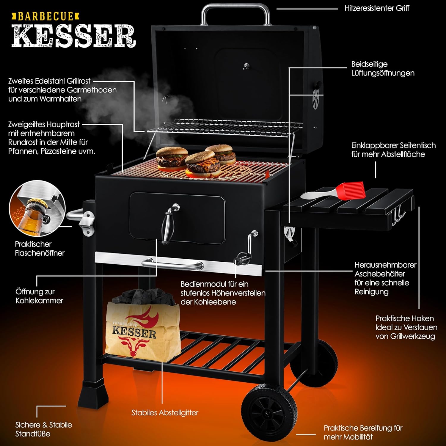 KESSER® Grillwagen BBQ Smoker XL Holzkohlegrill mit Deckel, Rädern, Edelstahl-Griff, Thermometer, Grillrost, Bürste, Abdeckhaube & Silikon-Pinsel, Standgrill, Kohlegrillwagen