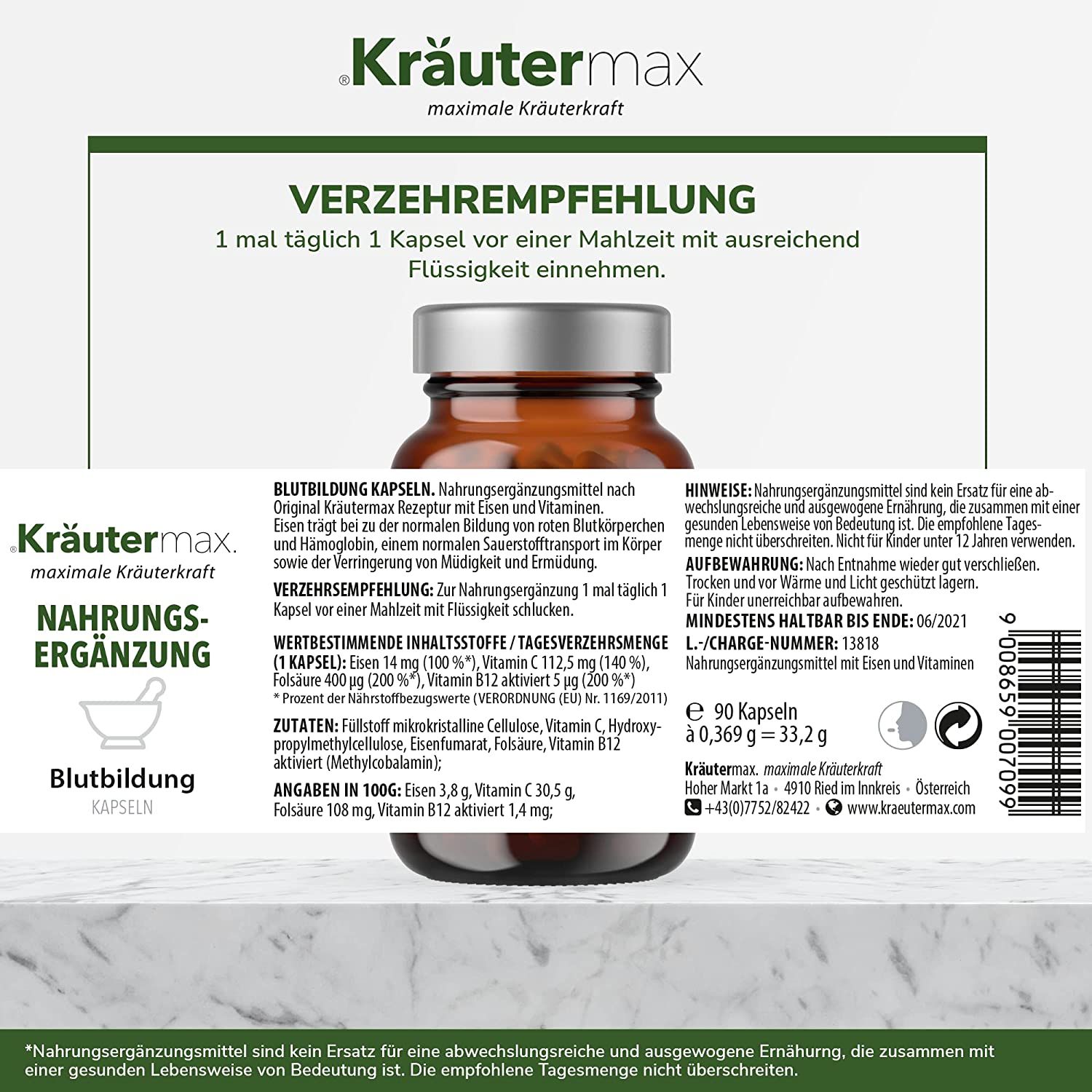 Kräutermax Blutbildung Kapseln mit Eisen, Vitamin B12, C, Folsäure
