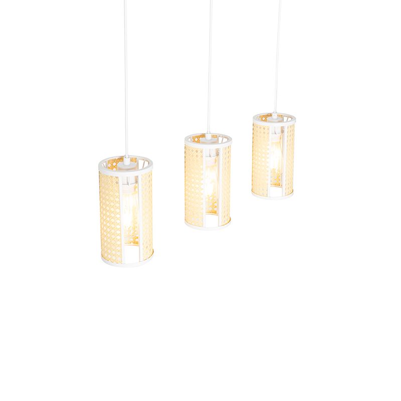Oosterse hanglamp wit met rotan 3-lichts langwerpig - Akira