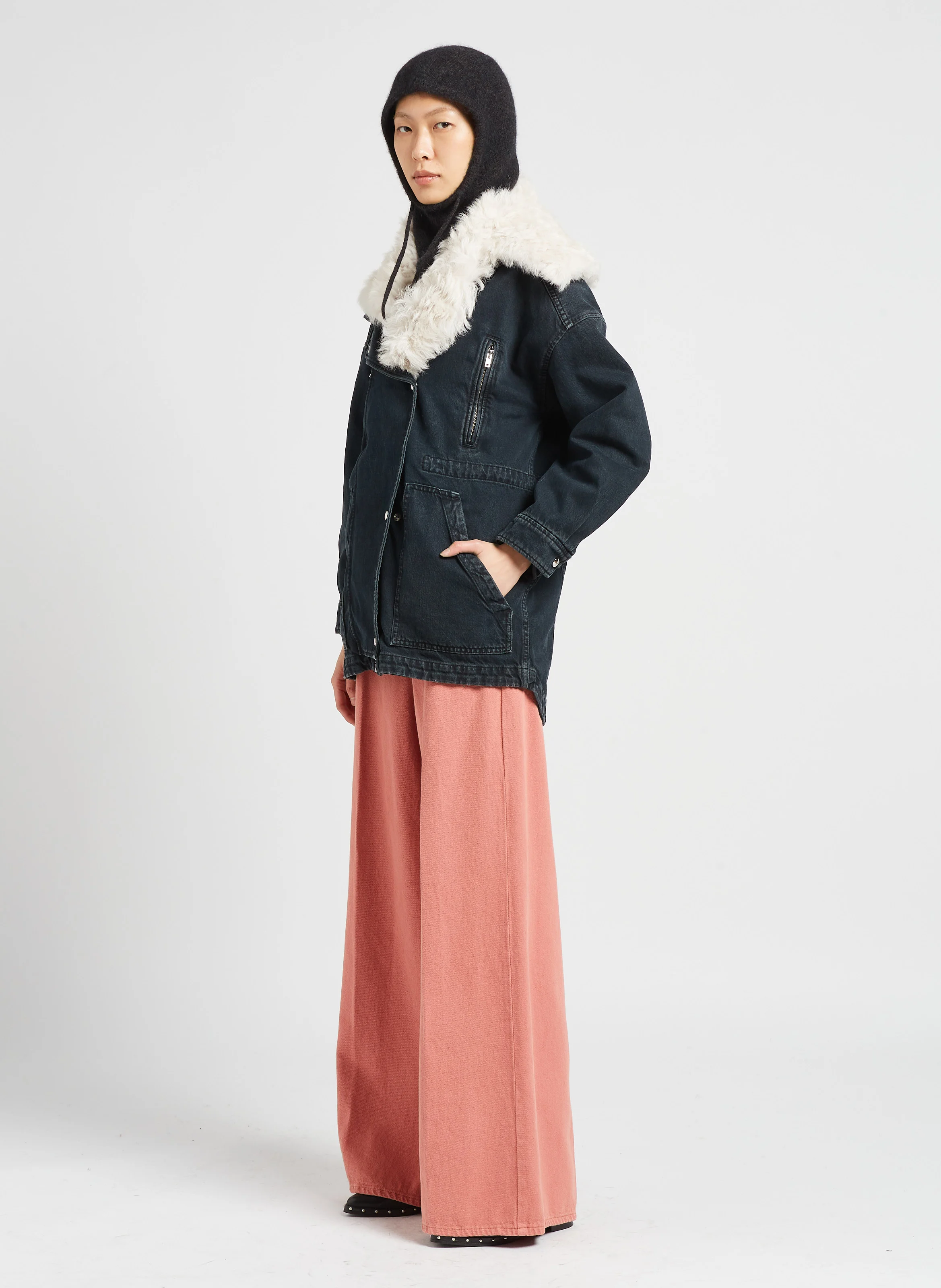 DIKAI - Blouson en jean col cranté en laine| Noir