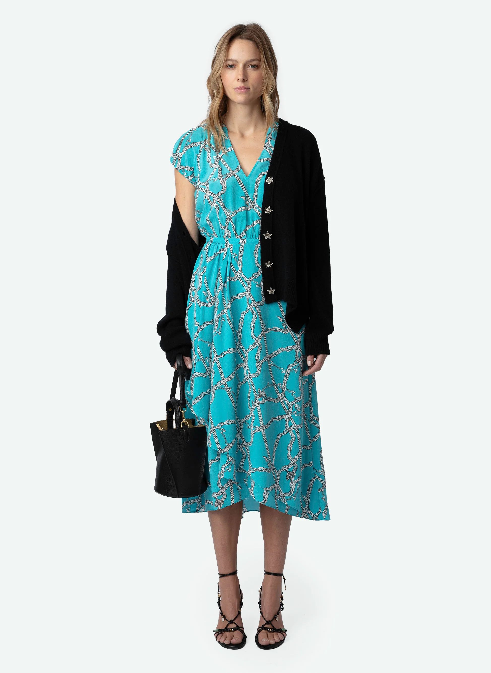 RANDALL - Robe midi col V imprimée en soie| Bleu