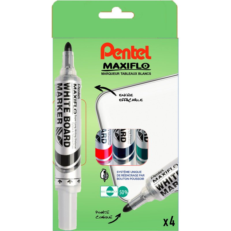Marqueur effaçable Pentel Maxiflo pointe conique 6 mm couleurs assorties - Pochette de 4