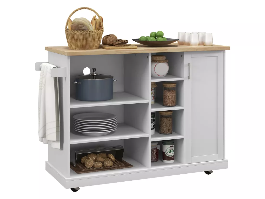 Desserte de cuisine îlot multi-rangement MDF blanc plateau bois hévéa verni