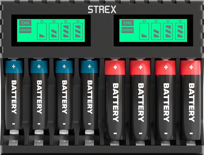 Strex Batterij Oplader - 8x AA/AAA Batterijen - USB Oplaadbaar
