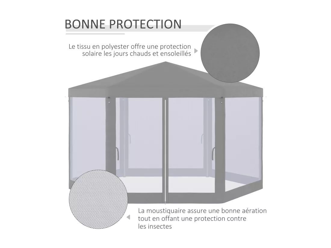 Tonnelle barnum tente de réception hexagonale style cosy métal polyester imperméabilisé surface env. 10 m² gris