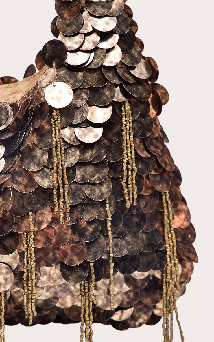 Bronze Mini Sac À Main À Sequins Et Pompons