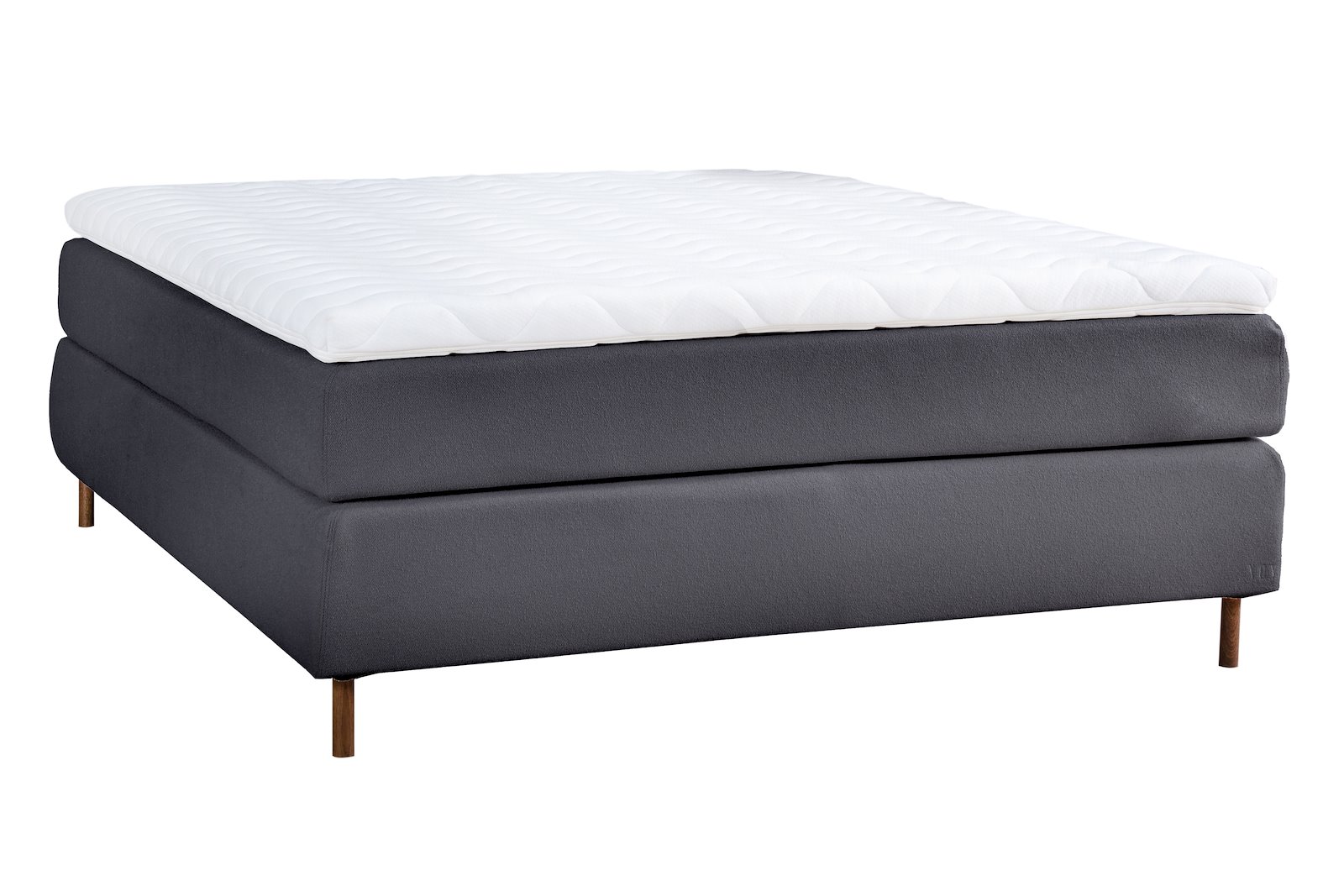Premium 12 kontinentalseng Tekstil Bris 169 sort, fast/fast, XOV Premium 12 memoryfoam overmadrass og runde ben i røkfarget eik 15 cm