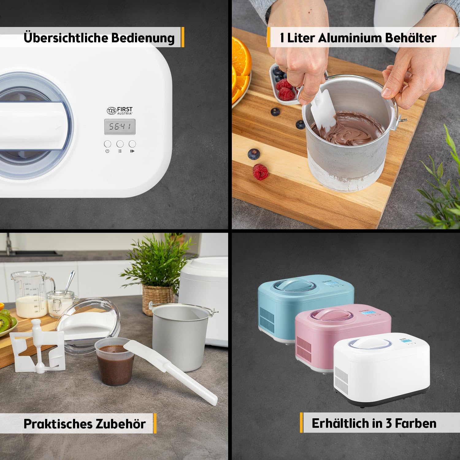 TZS First Austria - Eismaschine 1L mit Kompressor 3 in 1 - Ice Cream Maker 100W selbstkühlend für Frozen Joghurt, Sorbet & Eiscreme - Kleine Speiseeismaschine inkl. Messbecher & Spatel - weiß