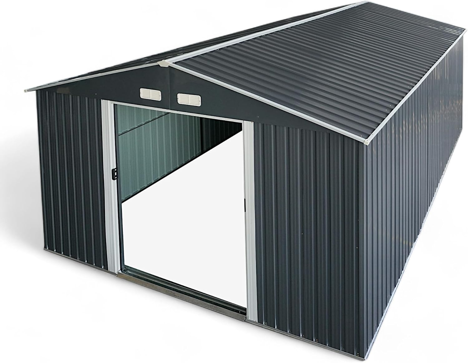 ALEOS. Gerätehaus Geräteschuppen 15m² 343x452x223 cm aus verzinktem Stahlblech Metall mit Doppelschiebetür Türhöhe 173cm Schuppen Gartenhaus