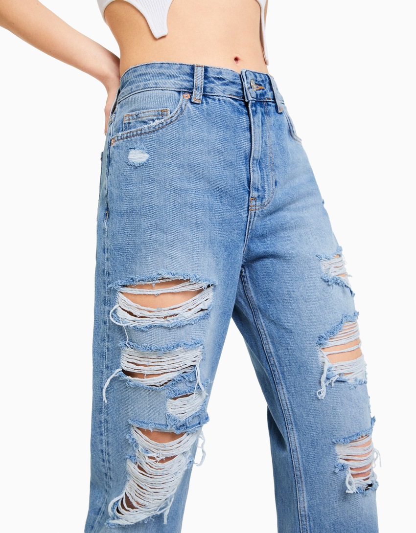 Calça jeans cropped reta rasgada