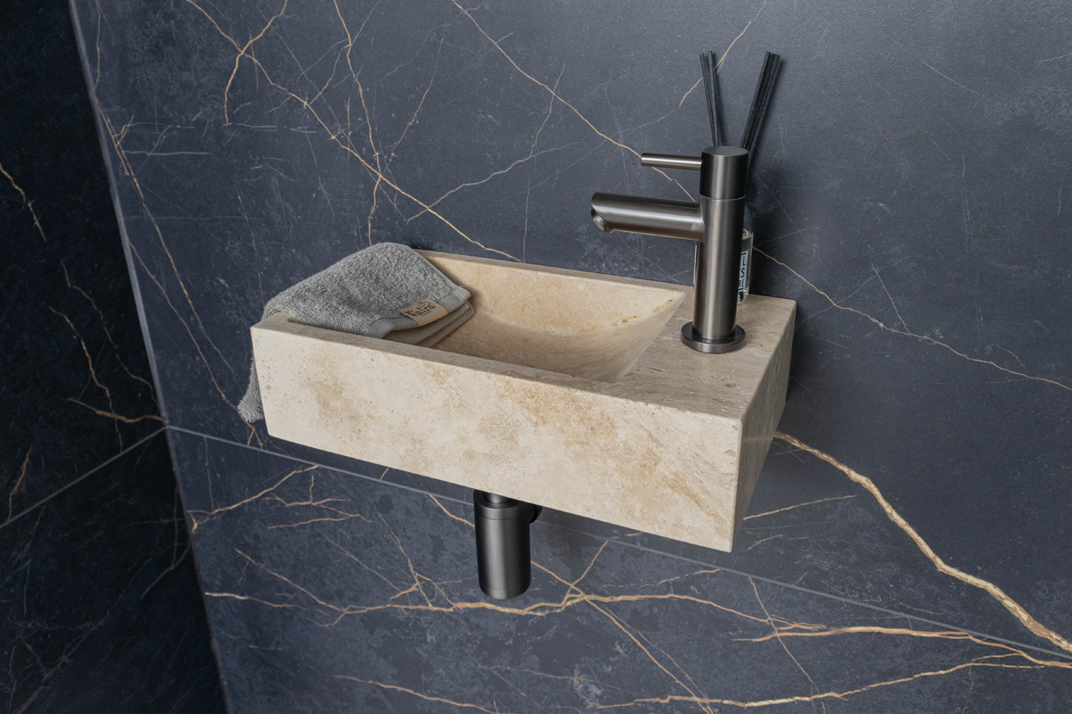 Saniclear White Travertin fonteinset met rechte kraan in gunmetal