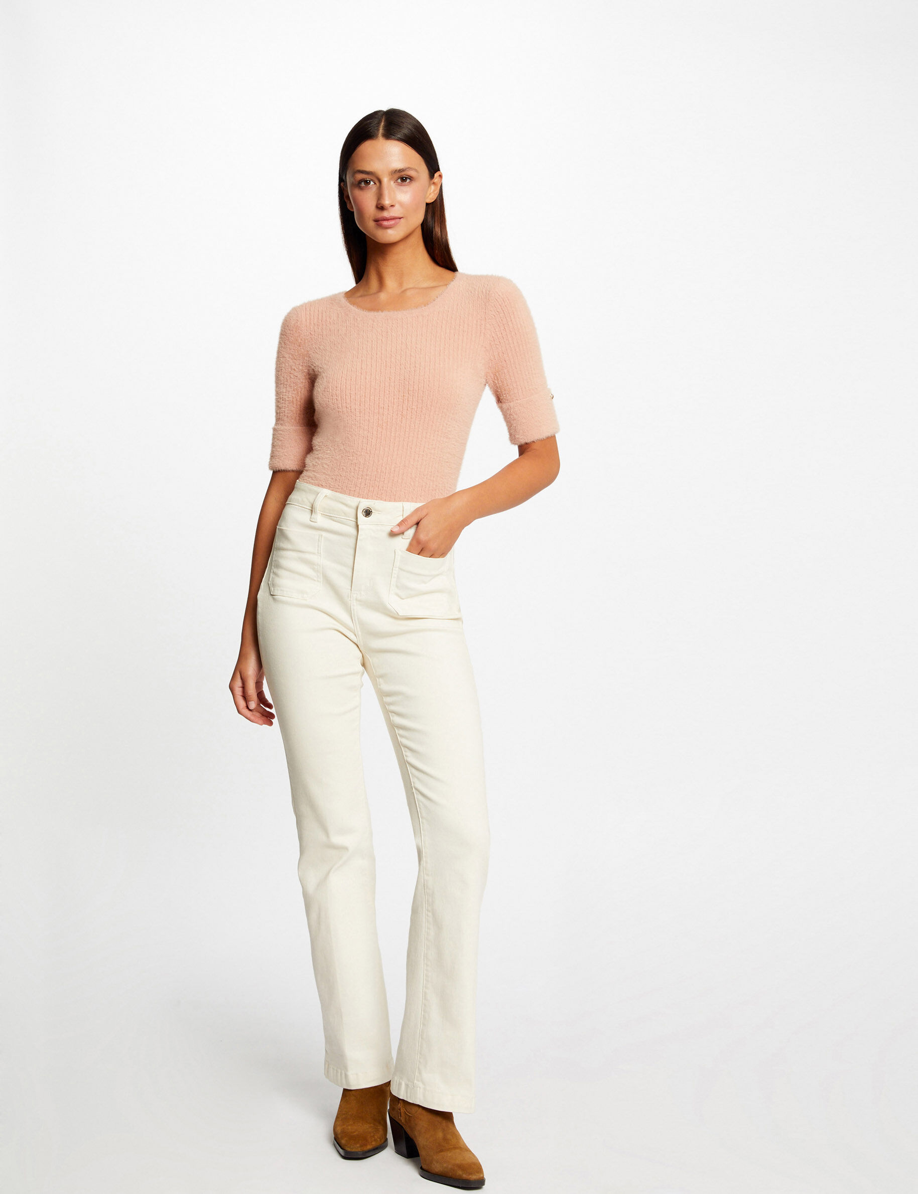 Pull manches courtes côtelé vieux rose femme - vieux_rose