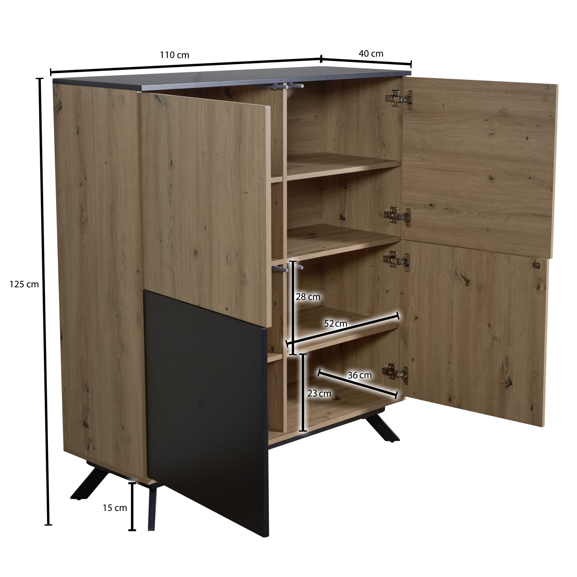 Highboard FineBuy Sideboard 110x125x40cm MDF Eiche Dekor Kommode Anrichte Modern