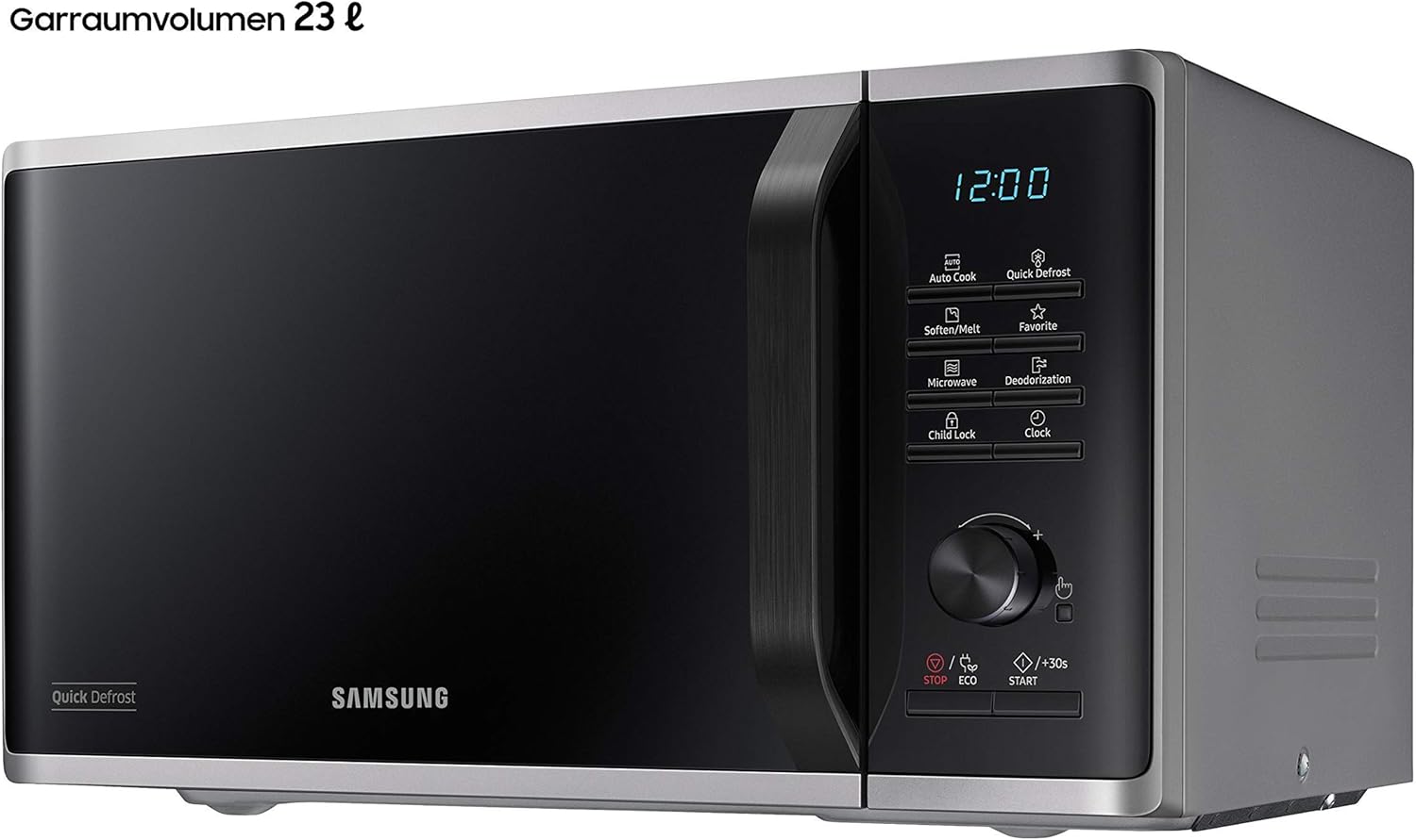 Samsung MS2AK3515AS/EG Mikrowelle, 800 W, 23 ℓ Garraum, 48,9 cm Breite, Kratzfester Keramik-Emaille-Inneraum, QuickDefrost Auftauprogramme, Silber