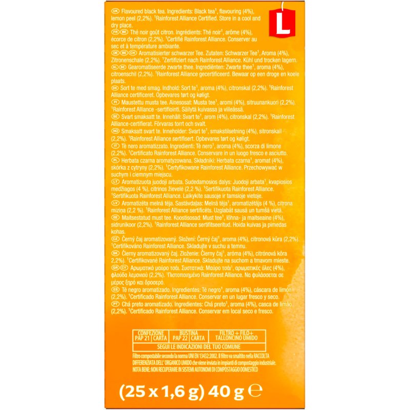 Thé noir citron Lipton - Boîte de 25 sachets fraîcheur