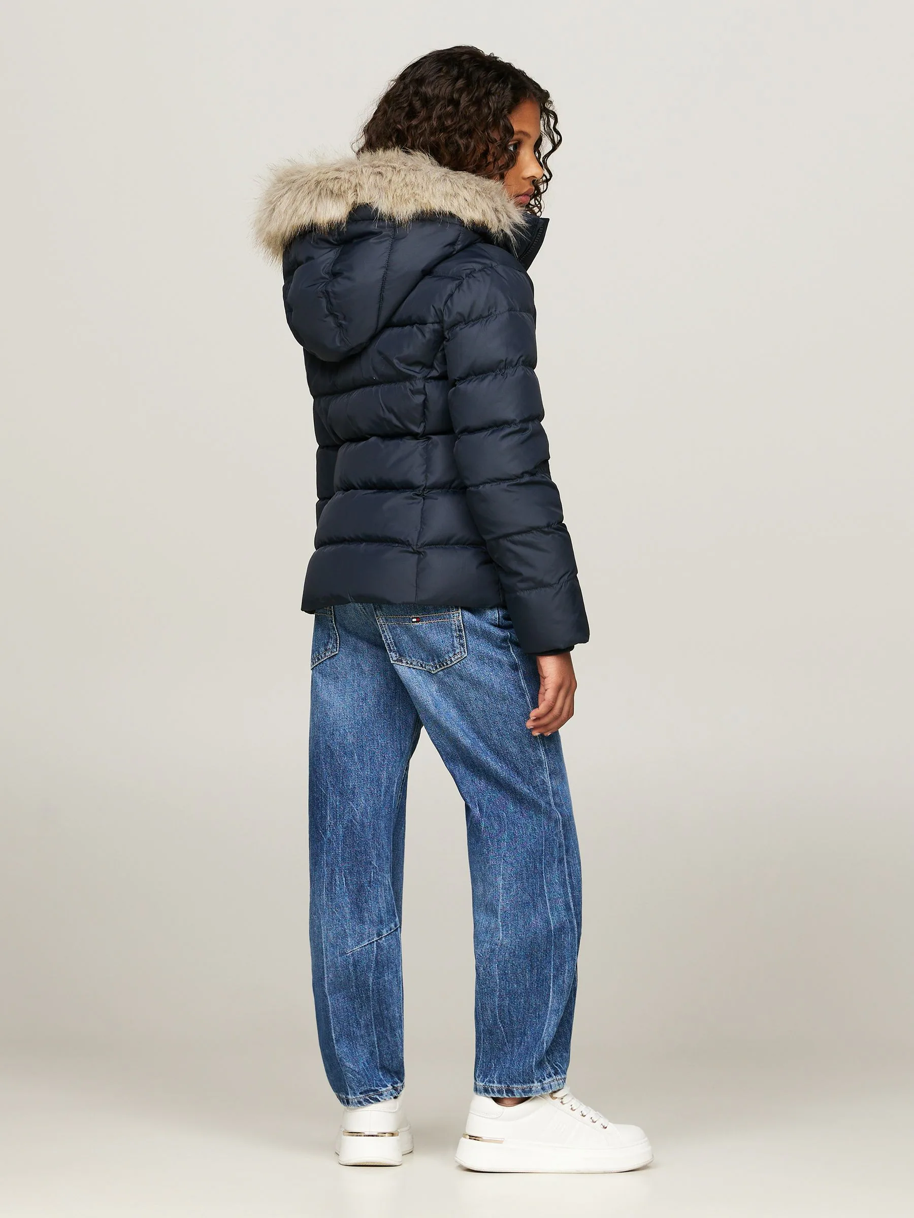 Blauw - Tommy Hilfiger Essential donsjack met capuchon van imitatiebont