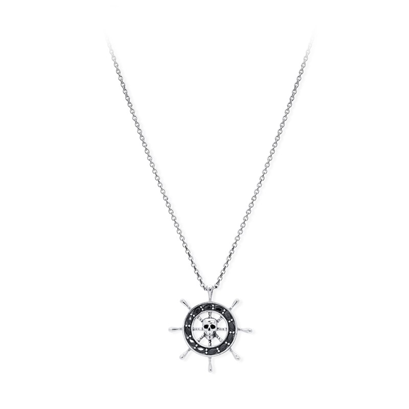 Pendentif Argent Pour Homme Barre Pirate Avec Tête De Mort Centrale Pierre Noire