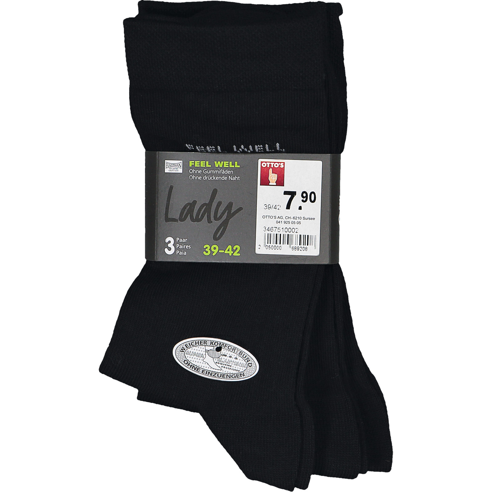 Feel Well Damen-Socken uni schwarz, 3 Paar 39-42