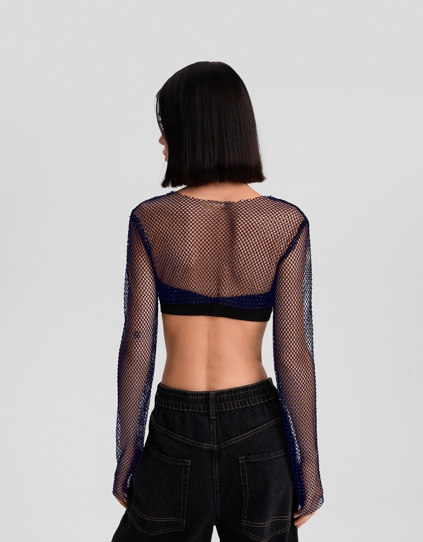 Camiseta de manga comprida em malha com strass