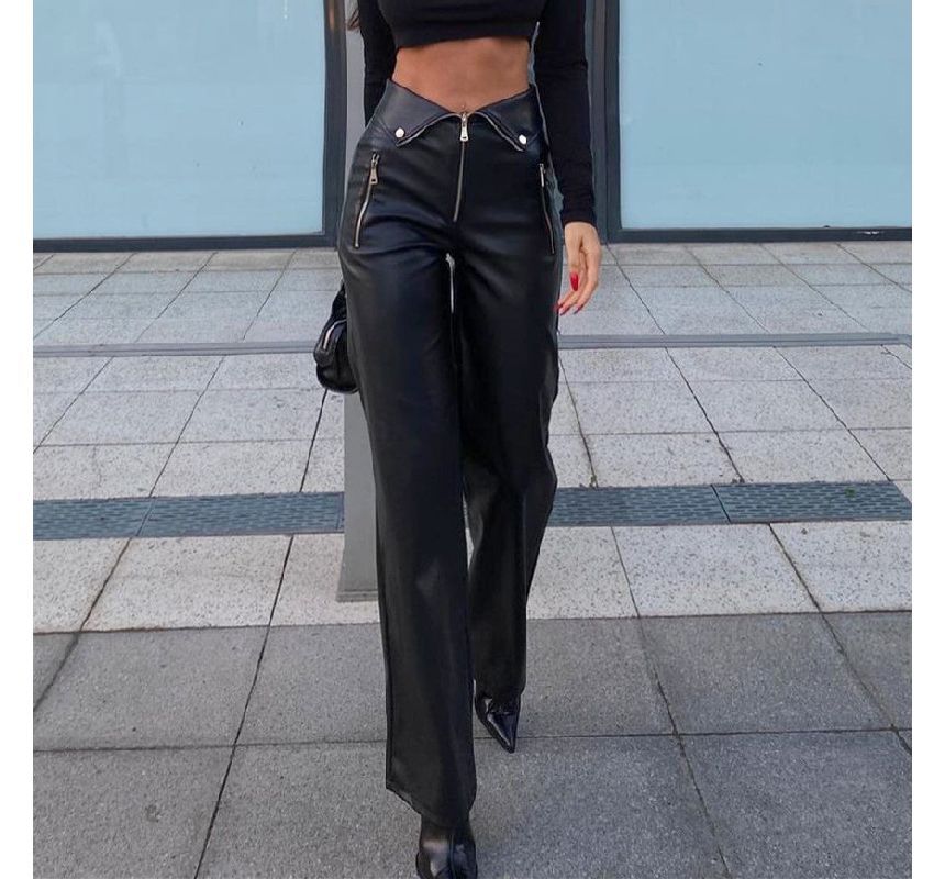Bulgaris - Hoge taille imitatieleren wijde broek