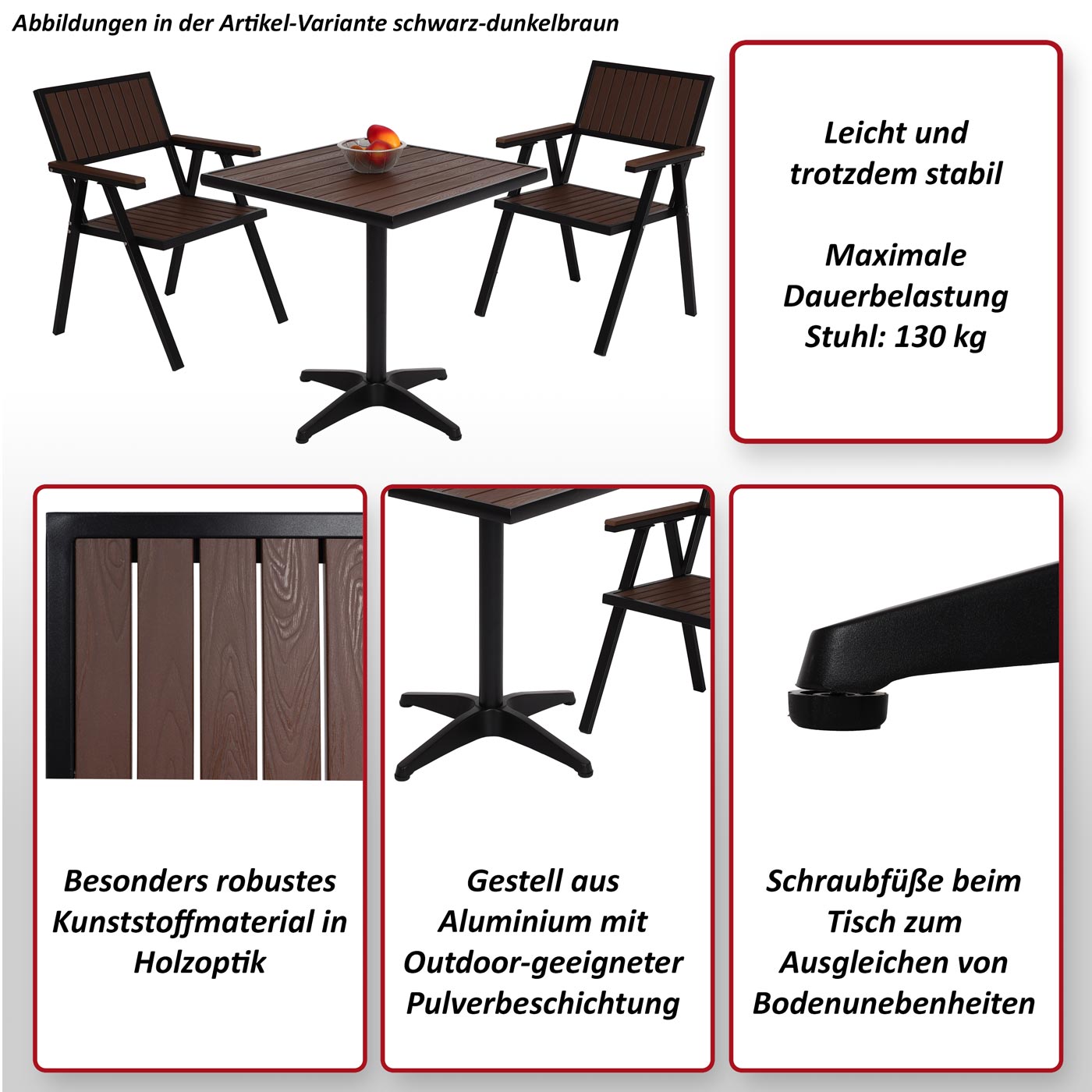 2er-Set Gartenstuhl+Gartentisch MCW-J95, Stuhl Tisch, Gastro Outdoor-Beschichtung, Alu Holzoptik ~ schwarz, dunkelbraun