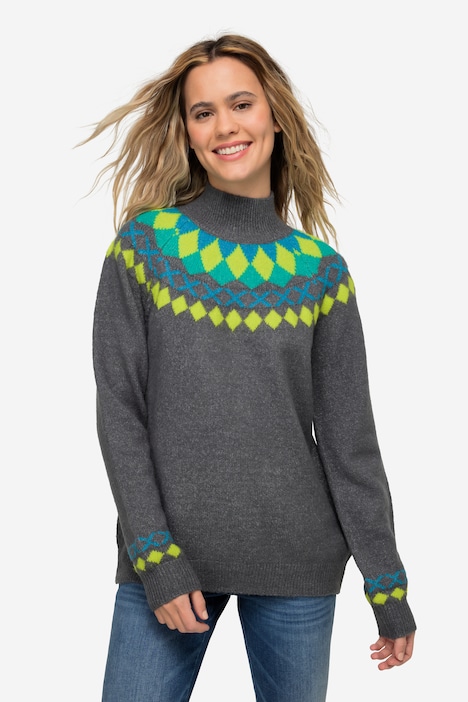 Norweger-Pullover, farbige Muster, Stehkragen, Raglan-Langarm