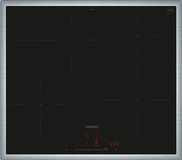 Siemens iQ300 EH645HFB1E, Sort, Indbygget, 60 cm, Zone induktionskogeplade, Keramisk, 4 zone(s)