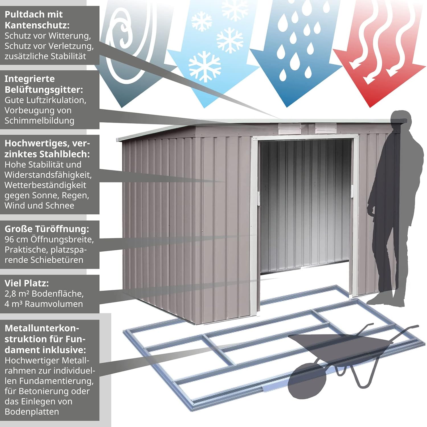 P100 Metall Gerätehaus 213×130×173cm Geräteschuppen Schuppen Gartenhaus Outdoor (Hellgrau)