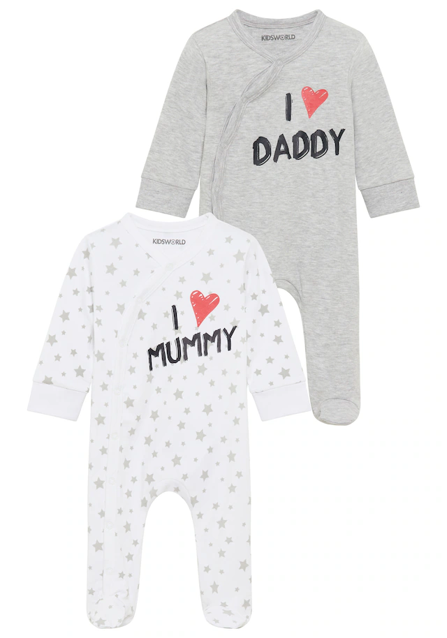 KIDSWORLD Schlafoverall »2er Schlafoveralls: I love Mummy / I love Daddy« Packung, 2, 2 Stk. aus Bio-Baumwolle, Baby-Overalls