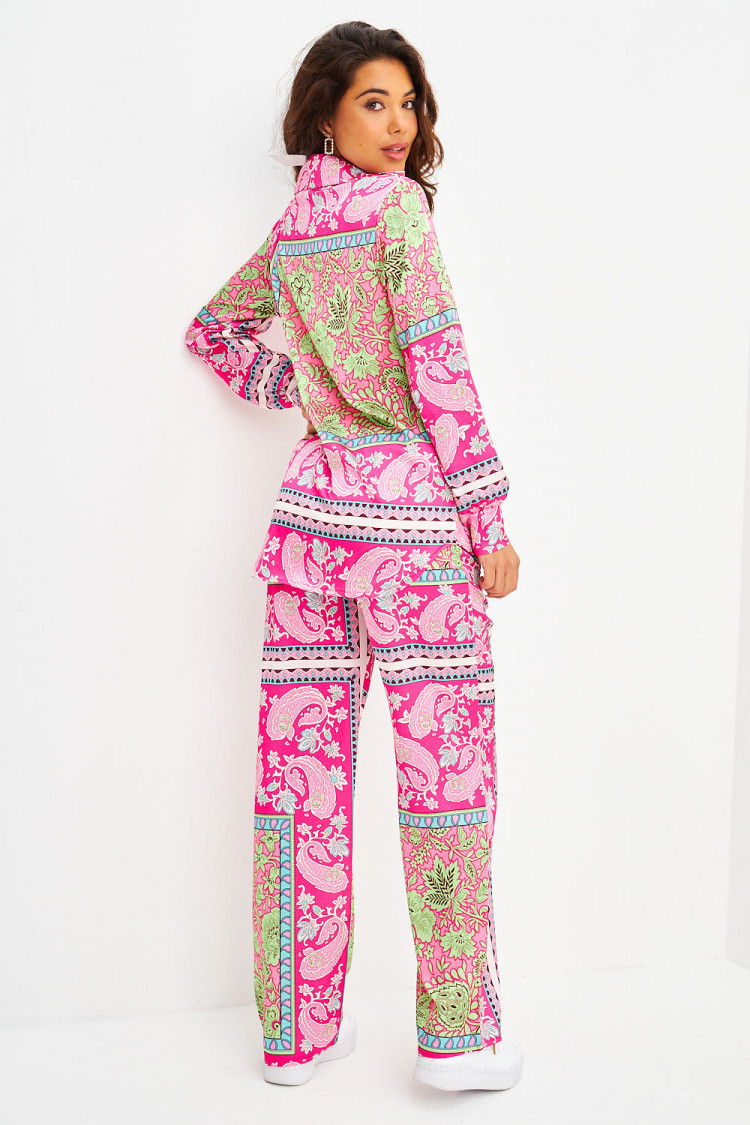 Ensemble 2 pièces chemise + pantalon rose/vert motif baroque et paisley