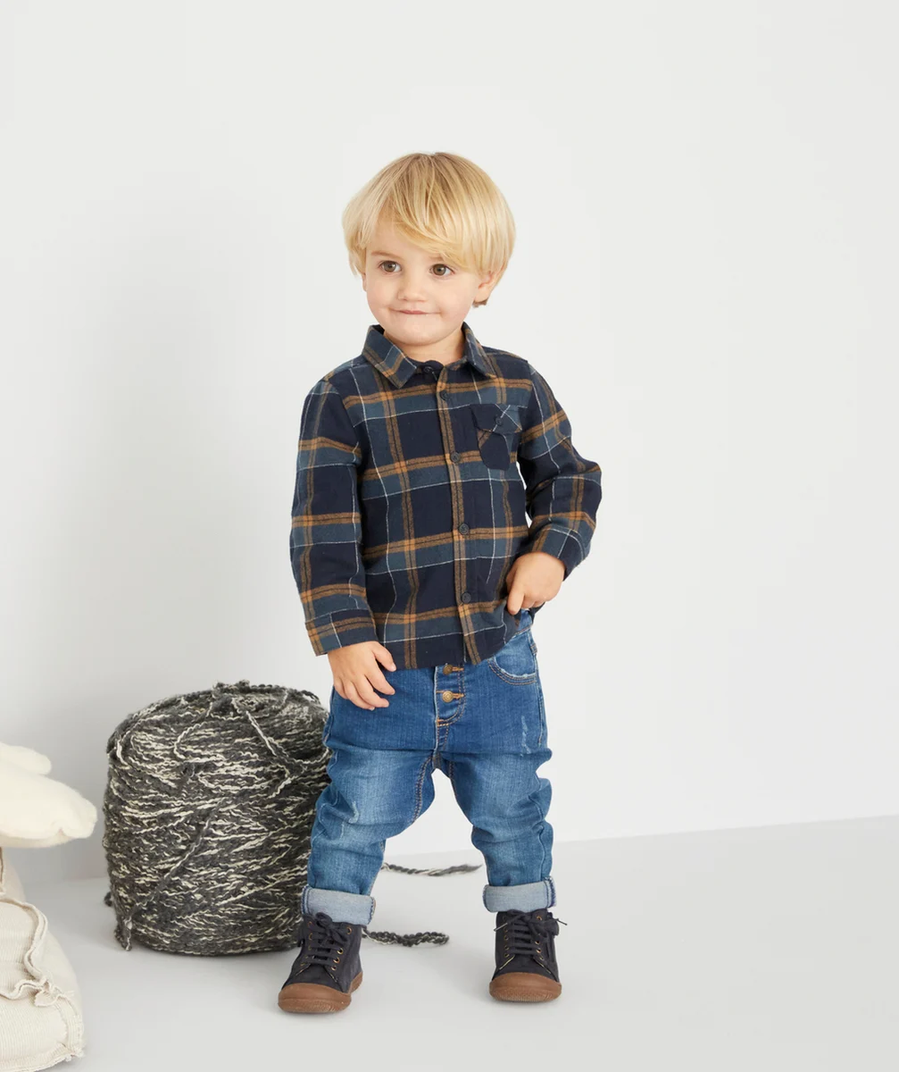 CHEMISE VELOURS À CARREAUX BLEUE ET MARRON BÉBÉ GARÇON