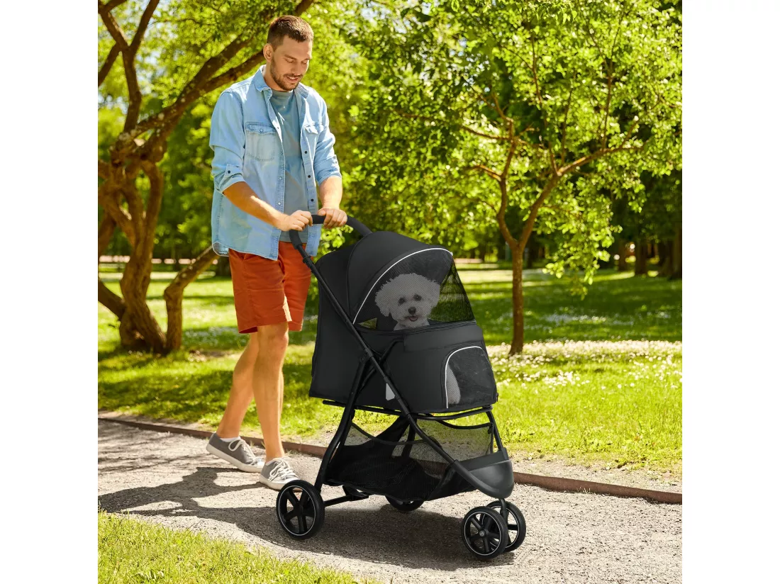 Poussette buggy pliable pour chien chat - 2 attaches, guidon réglable, panier - acier oxford noir