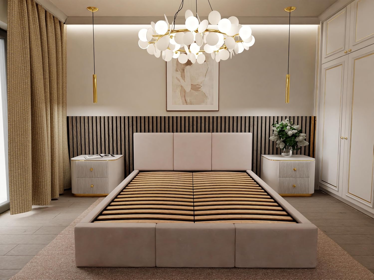 Muralo - Polsterbett 120x200 cm mit Bettkasten und gestepptem Kopfteil - Doppelbett - Ohne Matratze - Jugendbett - Stilvolles Schlafzimmer-Bett - Creme