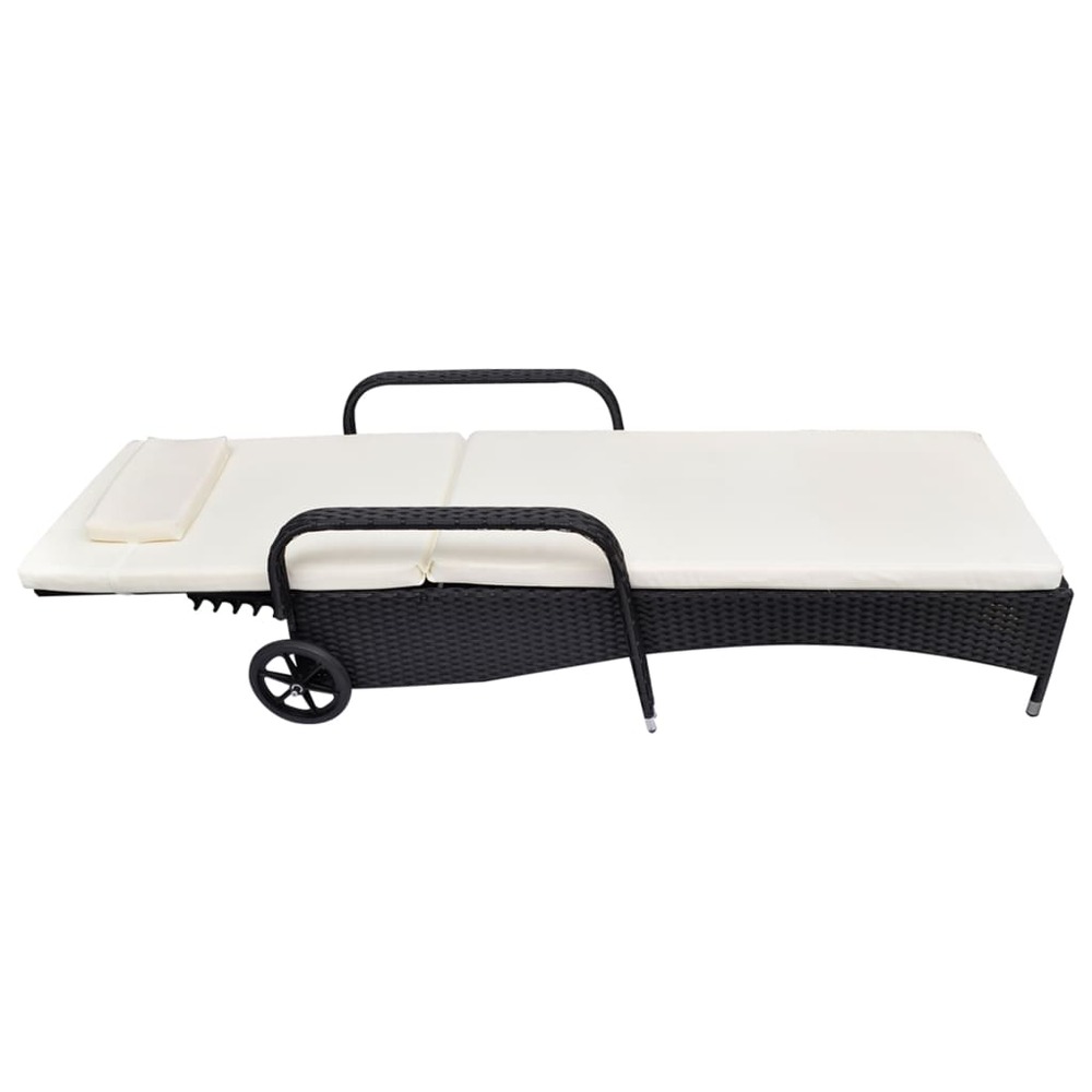Transat chaise longue bain de soleil lit de jardin terrasse meuble d'extérieur avec coussin et roues résine tressée noir 02_0