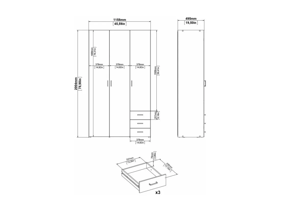 Garde-robe 3 portes Dsemplic, Meubles de chambre, Penderie de plain-pied, Placard à vêtements, 116x50 h200 cm, Chêne