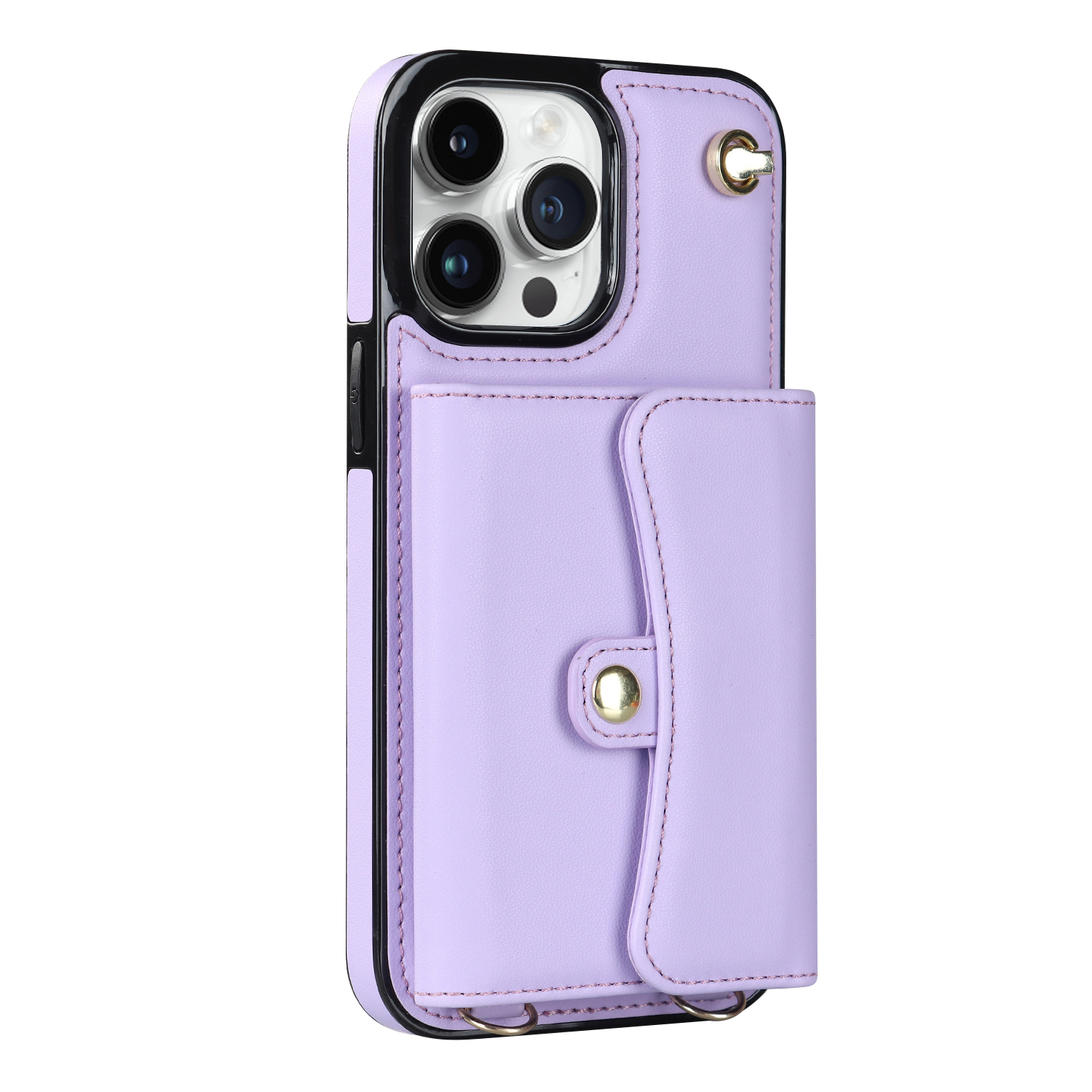 iPhone 12 / iPhone 12 Pro Necklace Leder Schutz Hülle mit Kartenfach   Handykette (140cm) - Lila