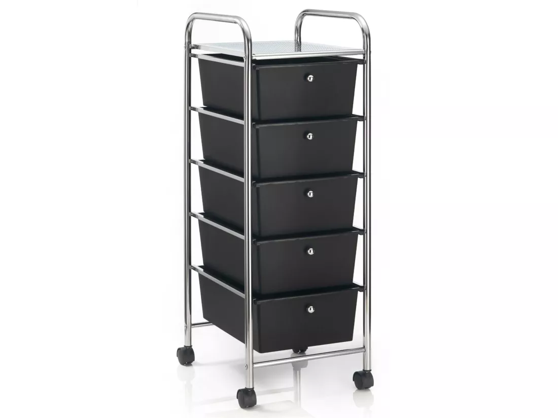 Caisson sur roulettes GINA chariot avec 5 tiroirs en plastique noir et 1 étagère, rangement salle de bain en métal chromé