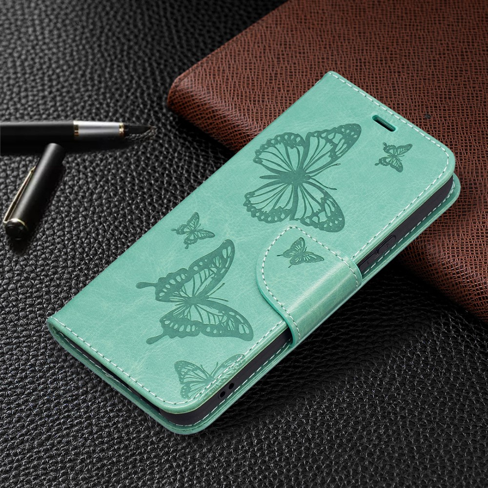 Samsung Galaxy S22 5G Leder Tasche mit Kartenfach   Handschlaufe Schmetterling - Türkis