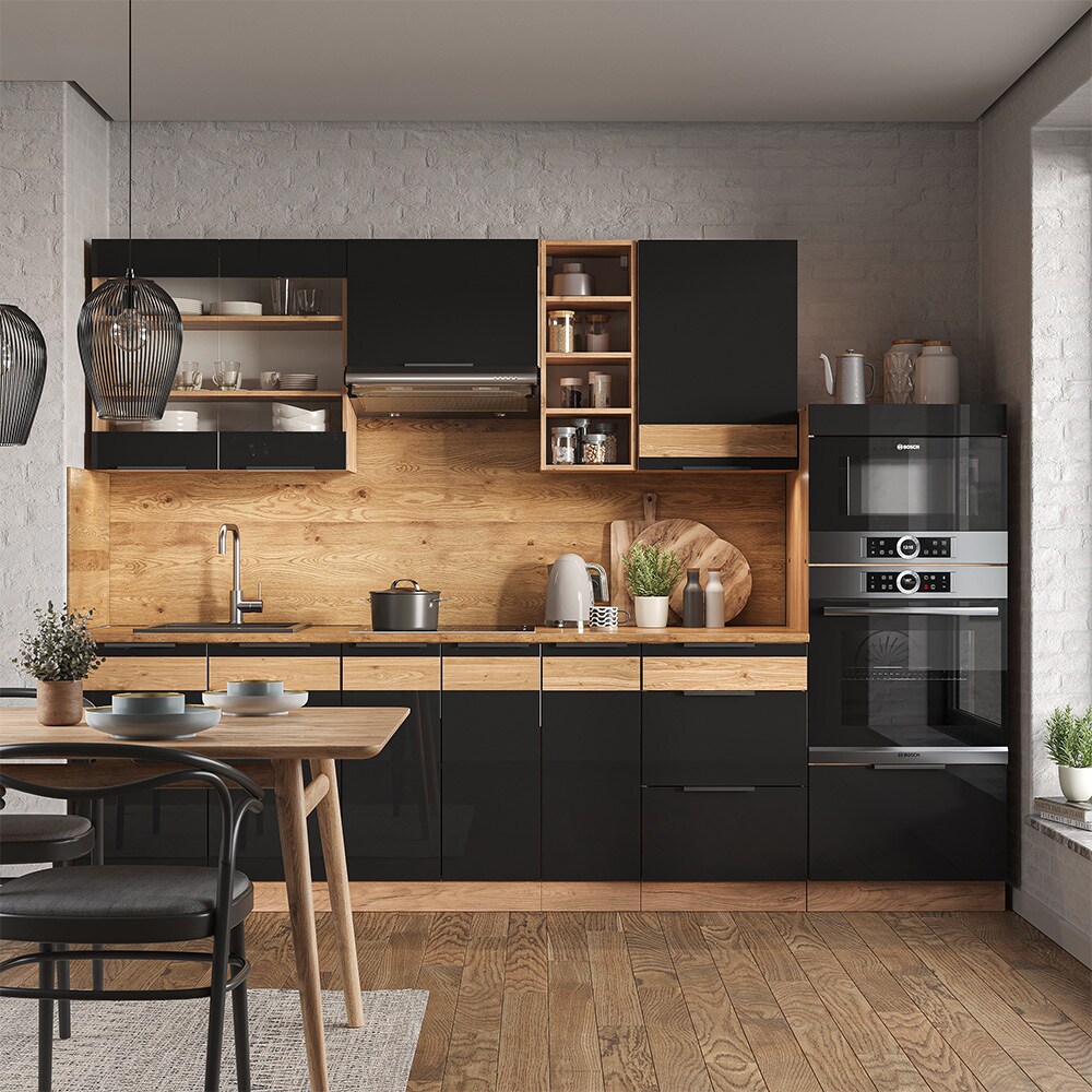 Vicco Küchenzeile Küchenblock Einbauküche Fame-Line Eiche Schwarz 280 cm modern Hochglanz Küchenschränke Küchenmöbel