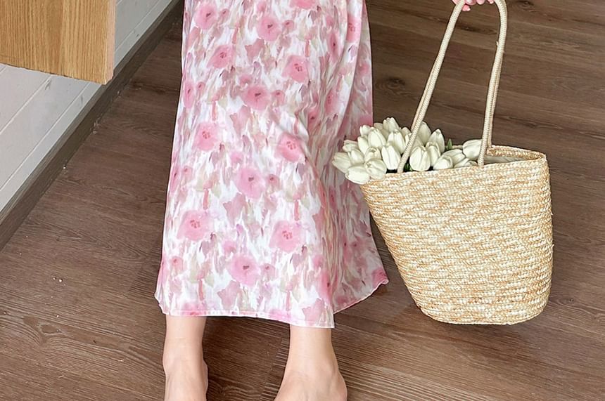 Krezol - Plus Size Mock Two-Piece Midi A-lijn Jurk met Korte Mouwen en Bloemenprint