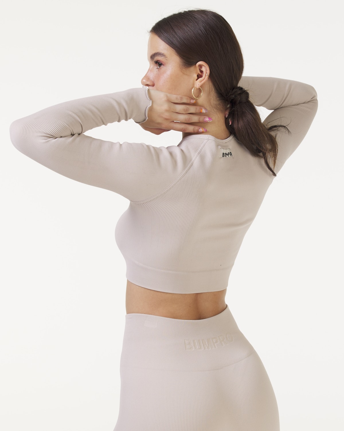 Bumpro Perfect Rib Frill Crop Long Sleeve Beige