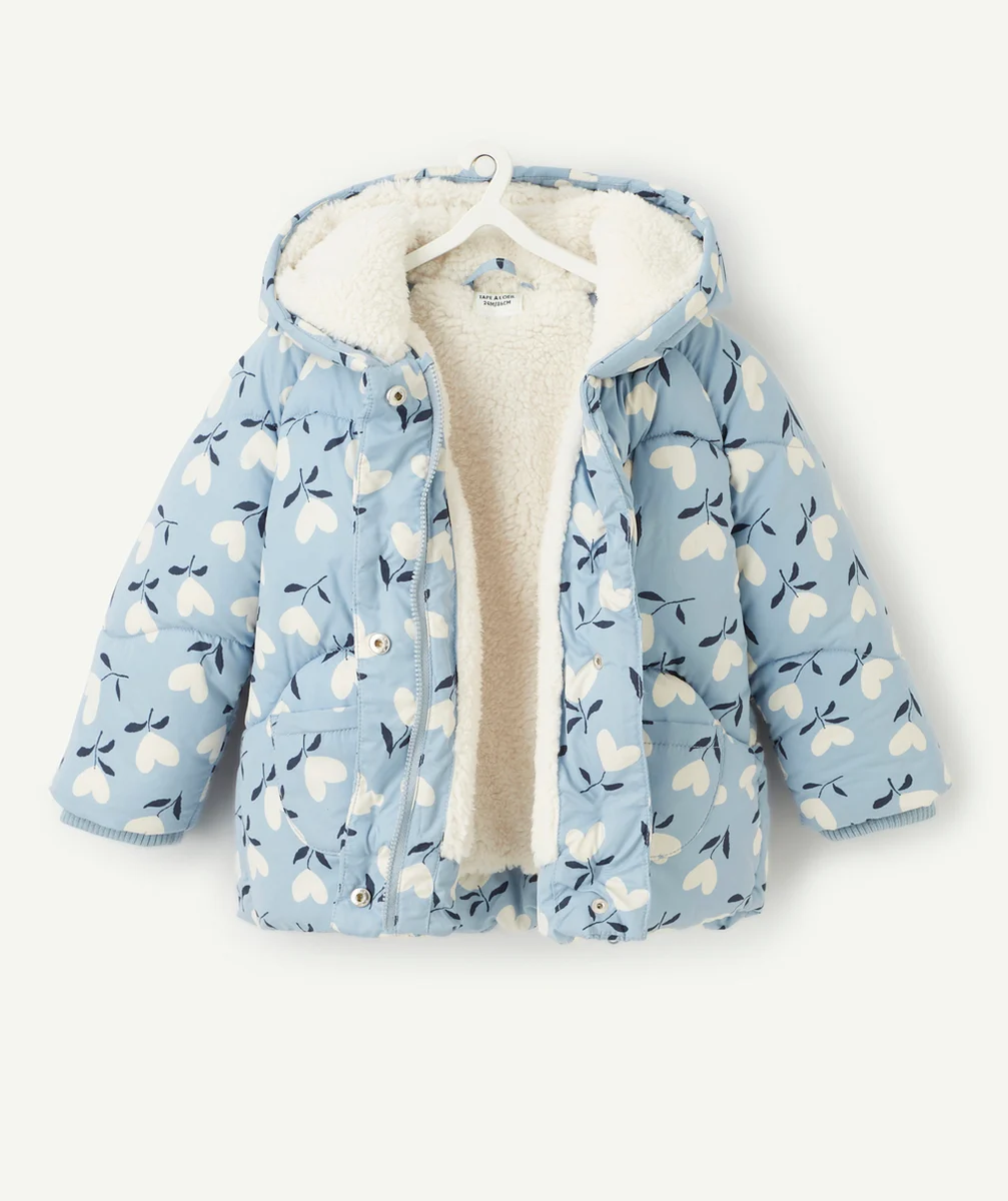 DOUDOUNE BÉBÉ FILLE EN REMBOURRAGE RECYCLÉ BLEU IMPRIMÉ CŒURS