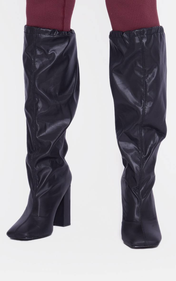 Noir Bottes Hautes Au Genou À Talon Bloc Coupe Large En Synthétiquecuir Bout Carré Avec Détail Cordon