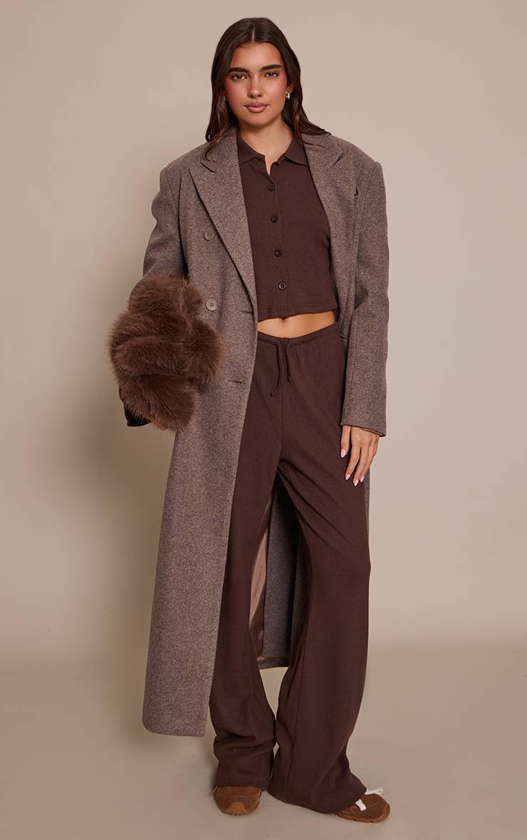 Chocolate Brown Pantalon Large À Cordon En Maille Côtelée Brossée Ensemble Coordonné