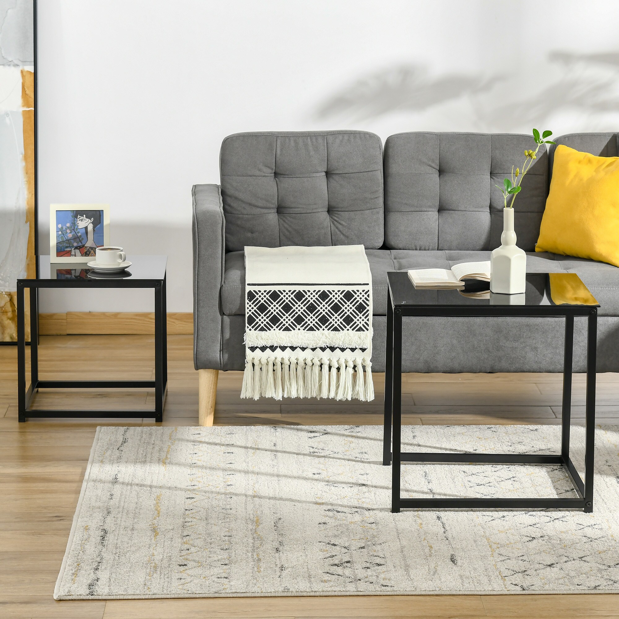 HOMCOM Couchtisch-Set mit Glastischplatte schwarz 50L x 50B x 52H cm